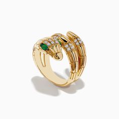 Effy Safari 14K Yellow Gold Diamond and Emerald Snake Ring Snake Jewelry, Effy Jewelry, Snake Ring, Yellow Stone, Jewelry Stand, Jewelry Business, Gold Yellow, Cute Jewelry, Round Diamonds