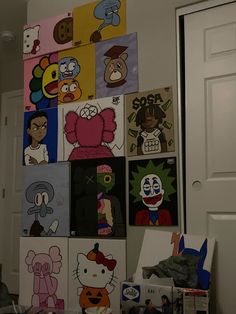 the wall is covered with many cartoon pictures