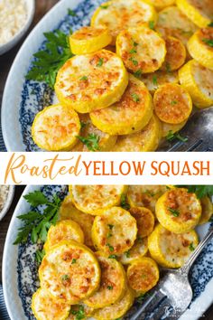 roasted yellow squash with parsley on top and in the background, two photos side by side