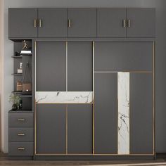 a room with gray cabinets and marble counter tops on the wall, along with a white rug