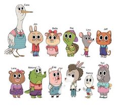 cartoon animals with different outfits and names