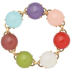 contemporary 18k rose gold flexible link bracelet with seven, prong set, round semi-precious stones with domed rock crystal overlay. The various stones include turquoise, amethyst, pink & red coral, mother of pearl, nephrite and carnelian. Each stone measures approximately 3/4" in diameter. The bracelet fastens with a hidden closure. Revelation Stone Bracelet, Luxury Gemstone Jewelry With Round Beads, Luxury Crystal Bracelet With Round Natural Stones, Luxury Multi-stone Bracelets, Handmade Luxury Round Crystal Bracelet, Luxury Traditional Multi-stone Bracelets, Luxury Natural Stones Bracelet, Precious Stones Bracelets, Luxury Polished Finish Jewelry With Round Stone