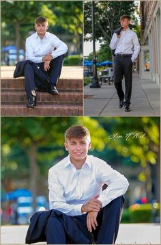 three different shots of a young man in formal attire sitting on the steps and smiling