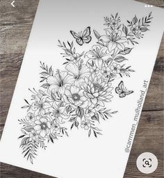 a drawing of flowers and butterflies on a piece of paper