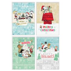 four christmas cards with cartoon characters on them