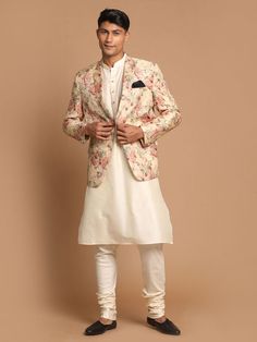 VASTRAMAY Men's Beige Floral Print Blazer And Cream Solid Kurta With Pajama Set Make a statement with this elegant ensemble from VASTRAMAY. The beige floral print blazer adds a touch of sophistication, while the cream solid kurta and pajama ensure comfort and style. Features: Beige floral print blazer Cream solid kurta Cream pajama Comfortable and stylish Specifications: Brand: VASTRAMAY Color: Beige and Cream Material: Blazer - Polyester, Kurta - Cotton, Pajama - Cotton Sizes: Available in vari Formal Unstitched Cream Sets, Designer Festive Sets For Groom, Designer Cream Sets For Transitional Season, Designer Semi-formal Sets For Diwali, Designer Beige Festive Sets, Formal Beige Unstitched Suit For Festive Occasions, Festive Beige Unstitched Suit For Formal Occasions, Festive Beige Unstitched Formal Suit, Semi-formal Unstitched Zari Work Sets