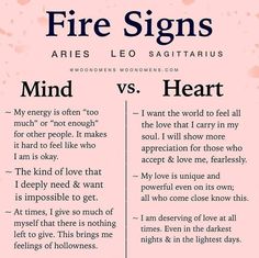 a pink poster with the words'fire signs'and'mind vs heart '