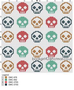 a cross stitch pattern with skulls in different colors and sizes on the bottom half of it