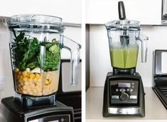 two pictures of blenders filled with food on top of a counter next to each other