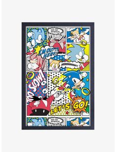 sonic the hedgehog collage with comic characters in black framed art print on canvas