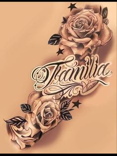 an old school style tattoo design with roses and the word tranhila written in cursive writing