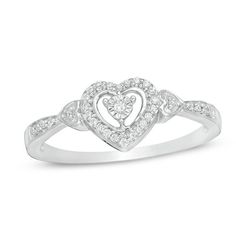 Take the next step with this shimmering diamond promise ring. Crafted in sterling silver, this open heart frame - centered with a single diamond artfully set to enhance size and sparkle - is flanked by single diamonds in heart-shaped frames. The pinched shank also glimmers with diamonds. Radiant with 1/10 ct. t.w. of diamonds and a brilliant buffed luster, this promise ring celebrates your next step. Custom-made to fit her ring size. Sterling silver rings cannot be resized after purchase. Zales Promise Ring, Cute Promise Rings Silver, Silver Heart Cut Single Diamond Ring, Silver Heart Cut Ring With Single Diamond, White Gold Heart Ring With Single Diamond For Promise, White Gold Heart-shaped Promise Diamond Ring, Heart Ring With Single Diamond For Promise, Heart-shaped Single Diamond Promise Ring, Heart Shaped White Gold Promise Ring