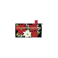 a black purse with red and white poinsettis on it's side