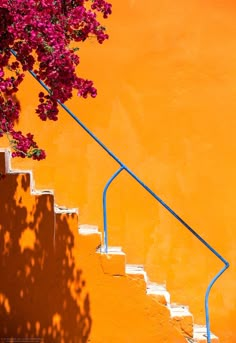 an orange wall with stairs and purple flowers