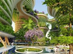 an artist's rendering of a futuristic city surrounded by trees