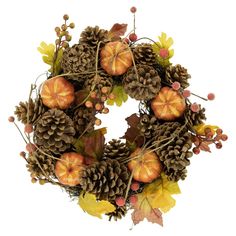 a wreath with pine cones and acorns on it is displayed against a white background