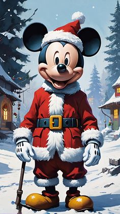 a mickey mouse dressed as santa claus in the snow with his cane and hat on