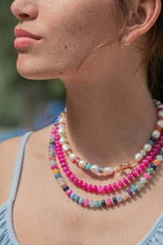 One of a Kind Rainbow Gemstone Necklace - Leilani– ke aloha jewelry Hot Pink Necklace, Statement Gemstone Necklace, Pink Chalcedony, Candy Necklaces, Diy Jewelry Necklace, Colored Gemstones, Chunky Statement Necklace, Rainbow Gemstones, Tropical Escape