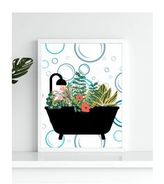 a black bathtub filled with lots of plants on top of a white shelf next to a potted plant