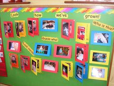 a bulletin board with pictures and words on it