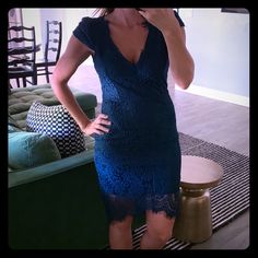 Deep Turquoise, Low Back, Lace Detail Dress Turquoise Fitted V-neck Mini Dress, Elegant Turquoise Knee-length Dress, Elegant Knee-length Turquoise Dress, Elegant Turquoise Mini Dress, Fitted Turquoise Elegant Mini Dress, Turquoise Knee-length Party Dress, Turquoise Fitted Short Sleeve Dress, Elegant Turquoise Mini Dress For Spring, Vici Dress