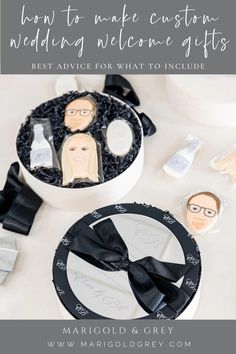 wedding welcome gifts for brides and grooms with text overlay that reads, how to make custom wedding welcome gifts best advice for what to include