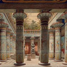 an egyptian style room with columns and paintings on the walls