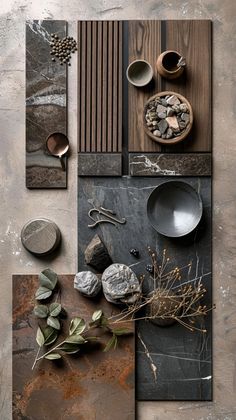 an assortment of different items are displayed on a table top, including bowls and spoons