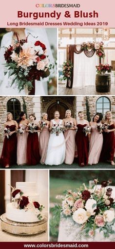 a collage of photos showing different bridesmaid dresses and bouquets on display