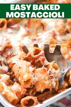 a casserole dish filled with pasta and meat, topped with cheese and sauce