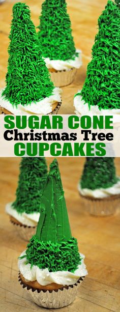 christmas tree cupcakes with green frosting and white icing in the shape of trees