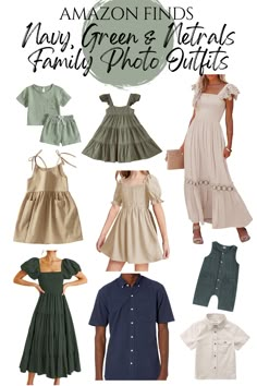 many different types of dresses and clothes for children to wear on the same day, with text overlay that reads amazon finds may green & neutrals family photo suits