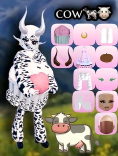 the cow is holding a pink heart and cupcakes in its arms while standing next to a cow