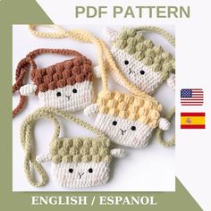 three crocheted purses with faces on them and the words english / espanol written in spanish