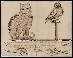 an owl and a bird sitting on top of a wooden post with writing in the background