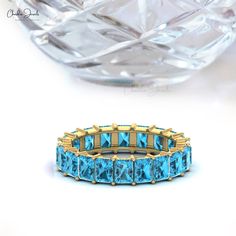 Natural Swiss Blue Topaz Eternity Band Blue Emerald Cut Stackable Jewelry, December Stone, Topaz Yellow, Blue Topaz Stone, Swiss Blue Topaz, Stone Settings, Eternity Bands, Blue Topaz, Prong Setting