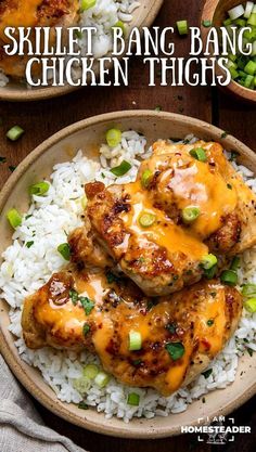 two bowls filled with rice and chicken covered in sauces, on top of a wooden table