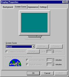 the screenshot shows an image of a computer screen with text that reads display properties background screen saver appearance settings