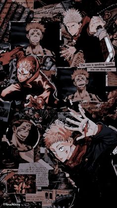 an image of anime characters collaged together in black and red colors with words written on them