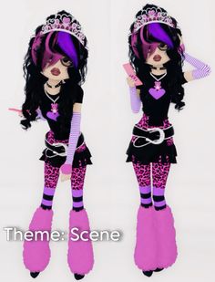 two dolls dressed in pink and black with purple hair, one wearing a tiara