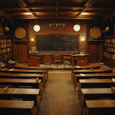 an empty classroom with desks and chairs in front of a chalkboard on the wall