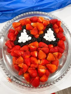 a plate with strawberries in the shape of a face