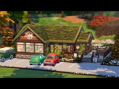 an animated image of a house with cars parked in the driveway and trees around it