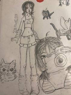 a drawing of a girl standing in front of a car with cats and birds around her