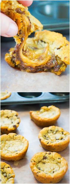 the process of making mini quiche pies is shown in three different pictures, one with