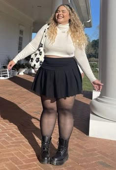 Midsize Plus Size Fashion, Plus Size Date Outfit Winter, Platform Boots Plus Size Outfit, Plus Size Skirt And Tights Outfit, Dark Feminine Aesthetic Outfits Plus Size, Plus Size Winter Outfits Alt, Winter Concert Outfit Plus Size, Plus Size Cute Fashion