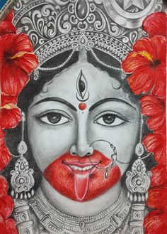 a drawing of a woman's face with red flowers around her neck and nose