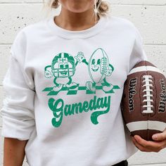 CREW NECK SIZING: Small- Length 27" , Width 20" Medium- Length 28" , Width 22" Large- Length 29", Width 24" XL- Length 30" , Width 26" 2XL- Length 31", Width 28" Wholesale Sweatshirts, Green Crewneck, Green Retro, Green Sweatshirt, Retro Football, Tailgate Party, Hey There, Navy Pink, Football Fans