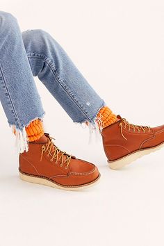 Red Wing 6" Classic Mocc Boot | Free People Redwing Boots Women Clara, Red Wing Boots 6680, Red Wings Boots Women's, Timberland Boots Outfit Mens, Timberland Boots Outfit, Timberland Waterproof Boots, Wing Boots, Red Wing Boots, Yellow Boots