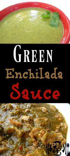 green enchilada sauce in a red bowl with the title overlaying it